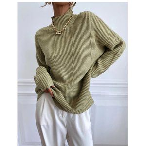 Oversized Chunky Knit Mock Neck Batwing Sweater Light Olive Sage Green Small